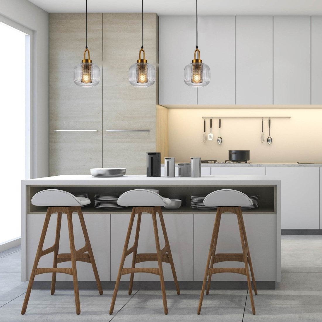 On top of Kitchen Island  usage of Sawyer Ribbed Fluted Reeded Maloto Lantern Clear Glass Pendant Ceiling Light E27 Gold Handled  | TEKLED 150-18702