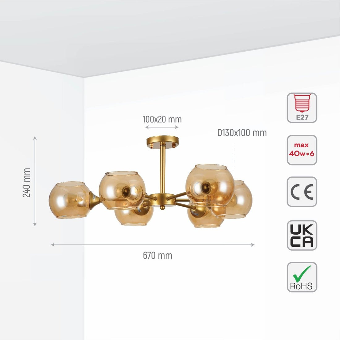 Size and specs of Amber Sides Open Globe Glass Gold Semi Flush Ceiling Light E27 | TEKLED 159-17636