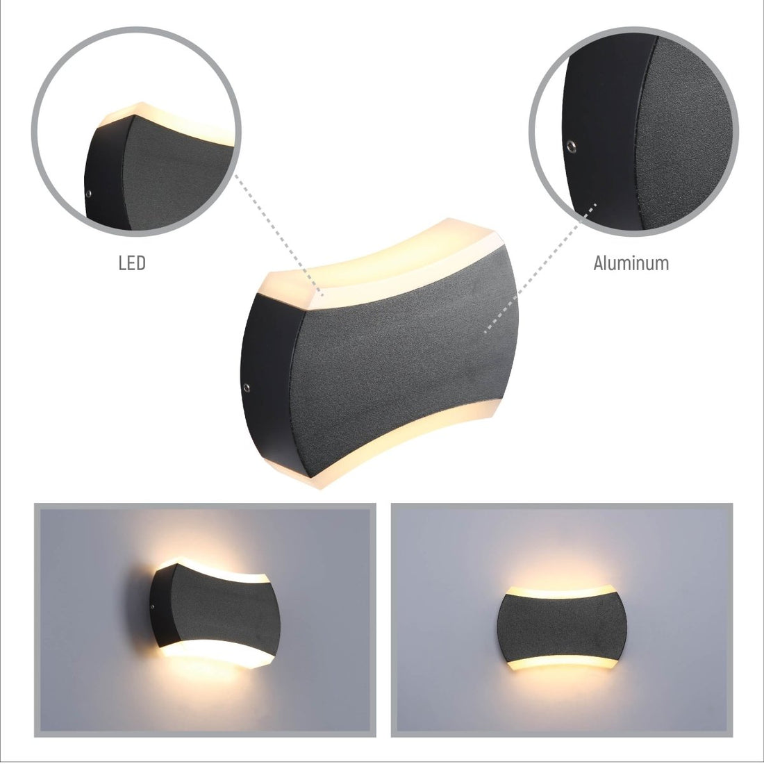 Close up shots of Black Quatro Arc Up Down Outdoor Modern LED Wall Light | TEKLED 182-03380