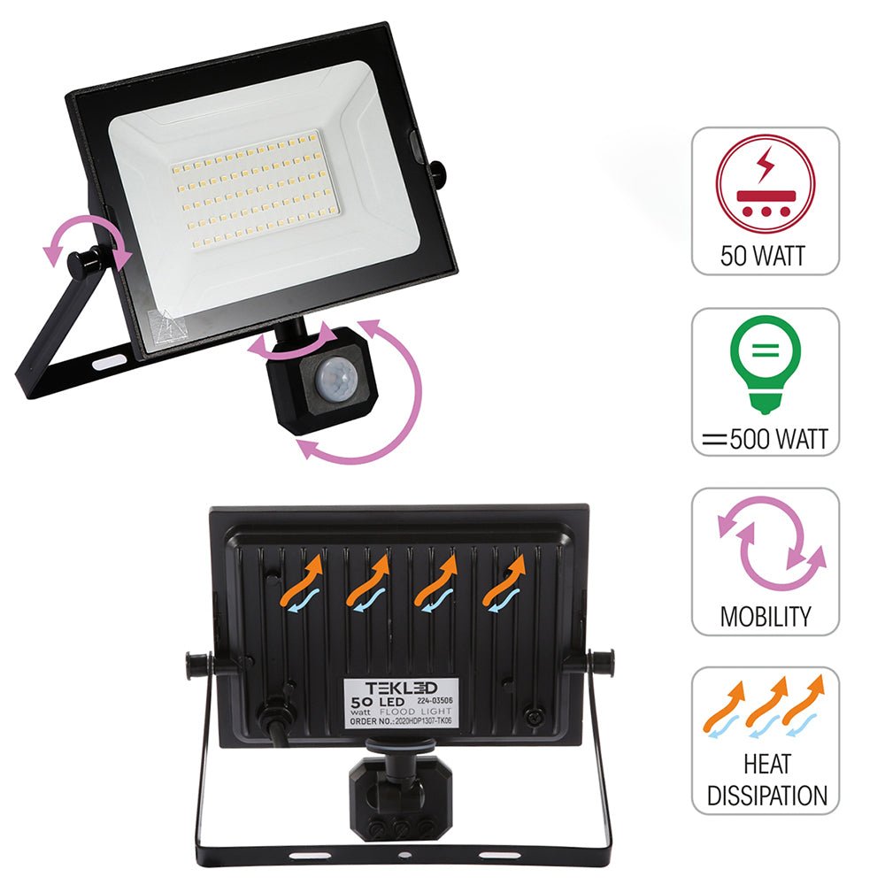 Adjustable head and sensor of Pegasus Flood Light with PIR Motion Sensor 50W 4000K Cool White IP65