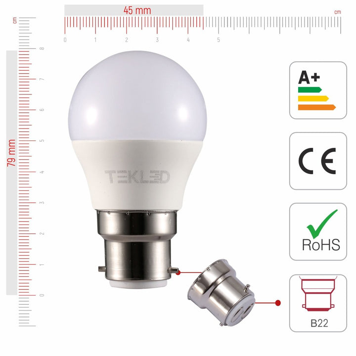 Size of and certificates of Ursa LED Golf Ball G45 Dimmble B22 Bayonet Cap 5W 2700K Warm White 4000K Cool White Pack of 4