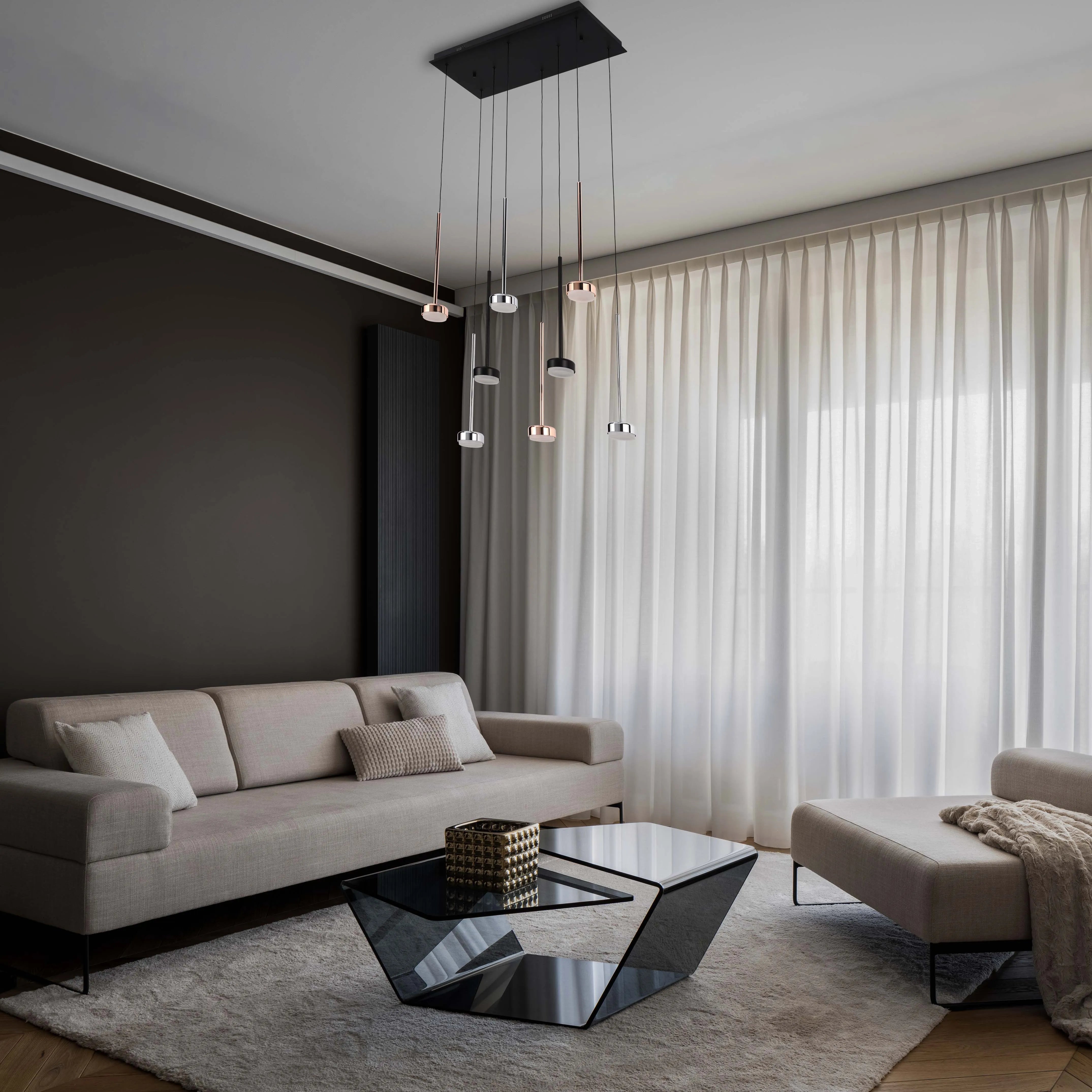 6-Light Black Rectangular Plate Modern Pendant Light - Chrome, Copper & Black Finishes