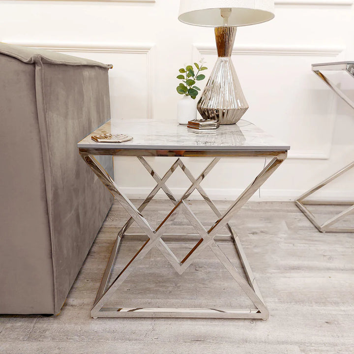 Vesta Chrome Console Table with Stomach Ash Sintered Stone Top