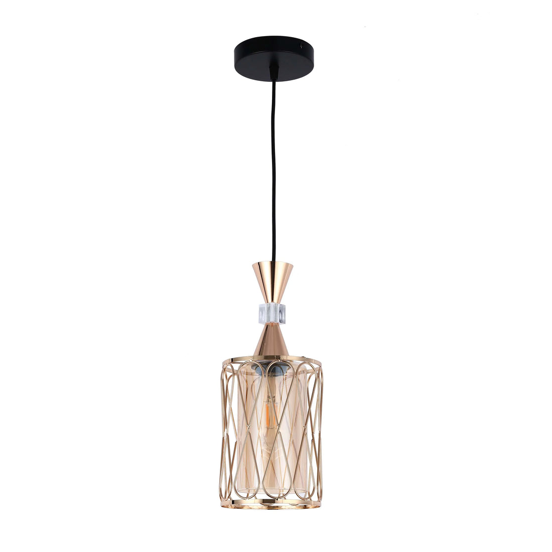 Amber and Gold Cage Modern Cylindrical Pendant Light E27