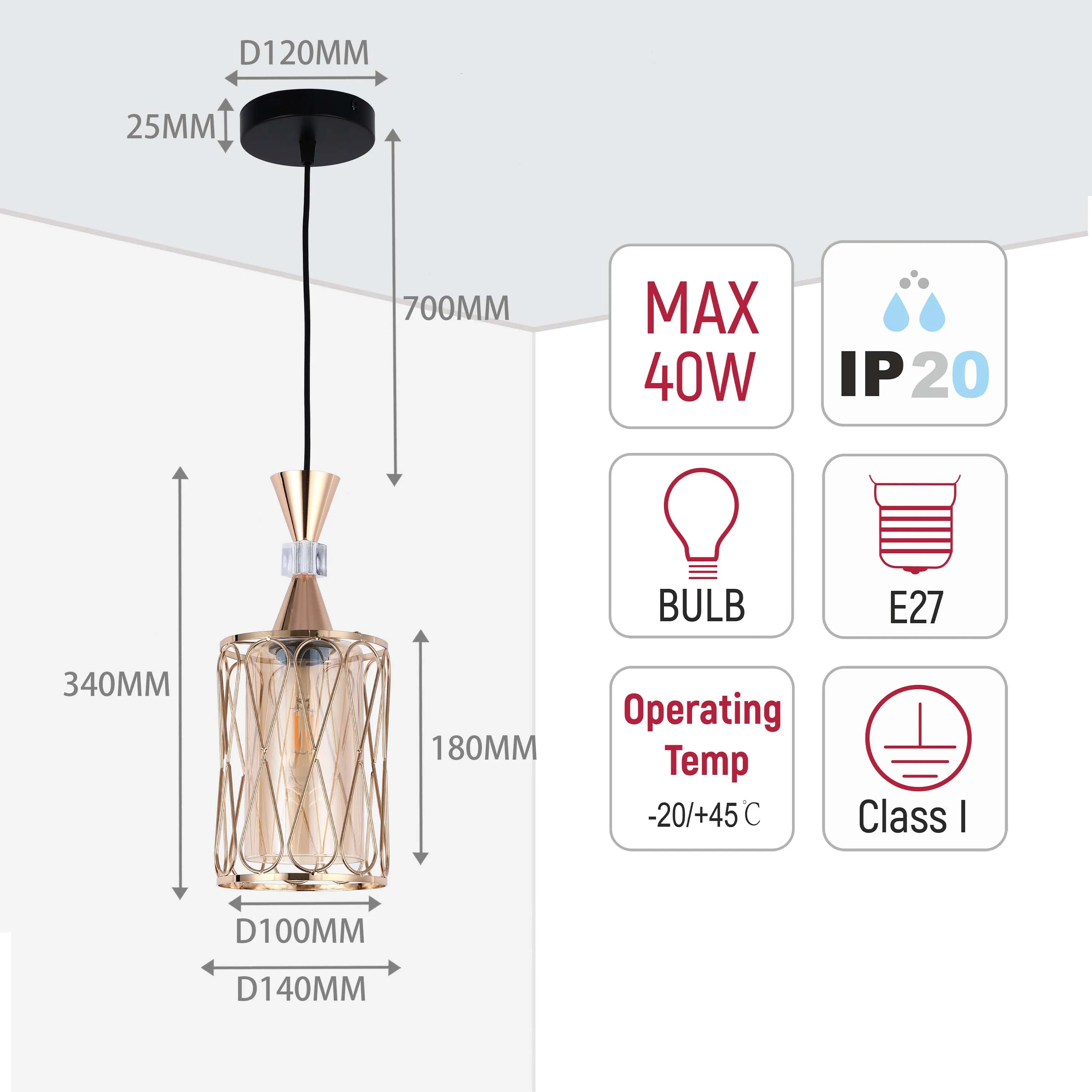Amber and Gold Cage Modern Cylindrical Pendant Light E27