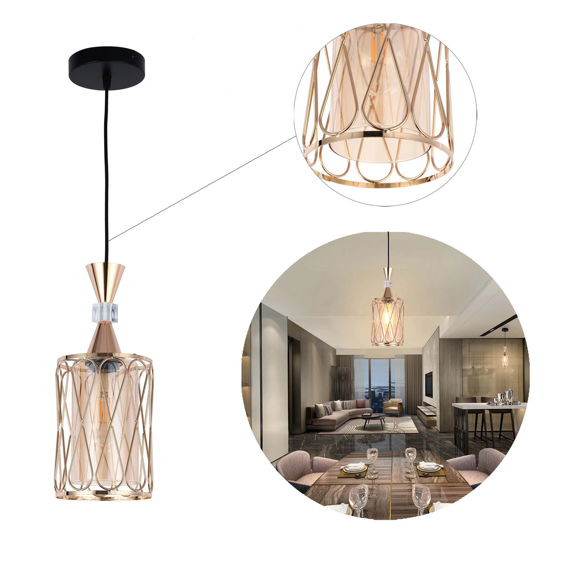 Amber and Gold Cage Modern Cylindrical Pendant Light E27