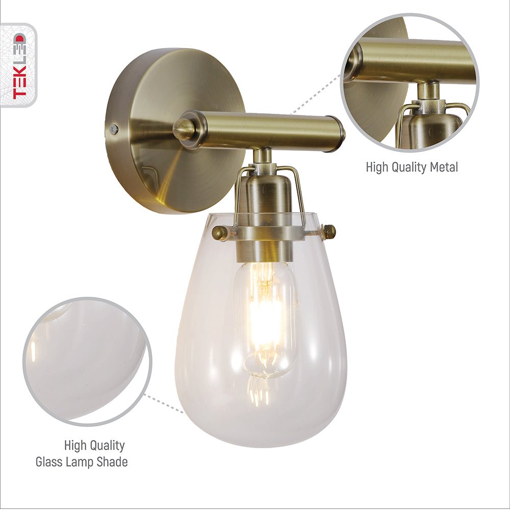 Features of Antique Brass Body Clear Glass Globe Wall Light with E27 Fitting