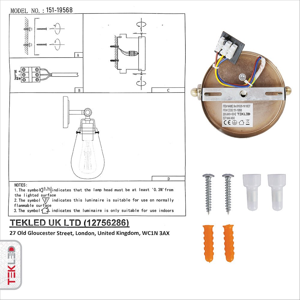 User manual and installation tools of Antique Brass Body Clear Glass Globe Wall Light with E27 Fitting