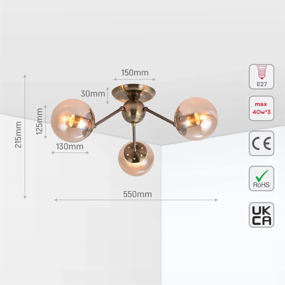 Size and tech specs of Atomic Elegance Brass & Amber Globe Light | TEKLED 159-17996