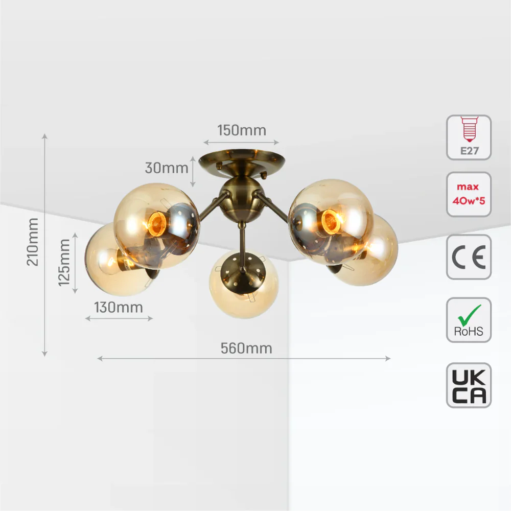 Size and tech specs of Atomic Elegance Brass & Amber Globe Light | TEKLED 159-17997