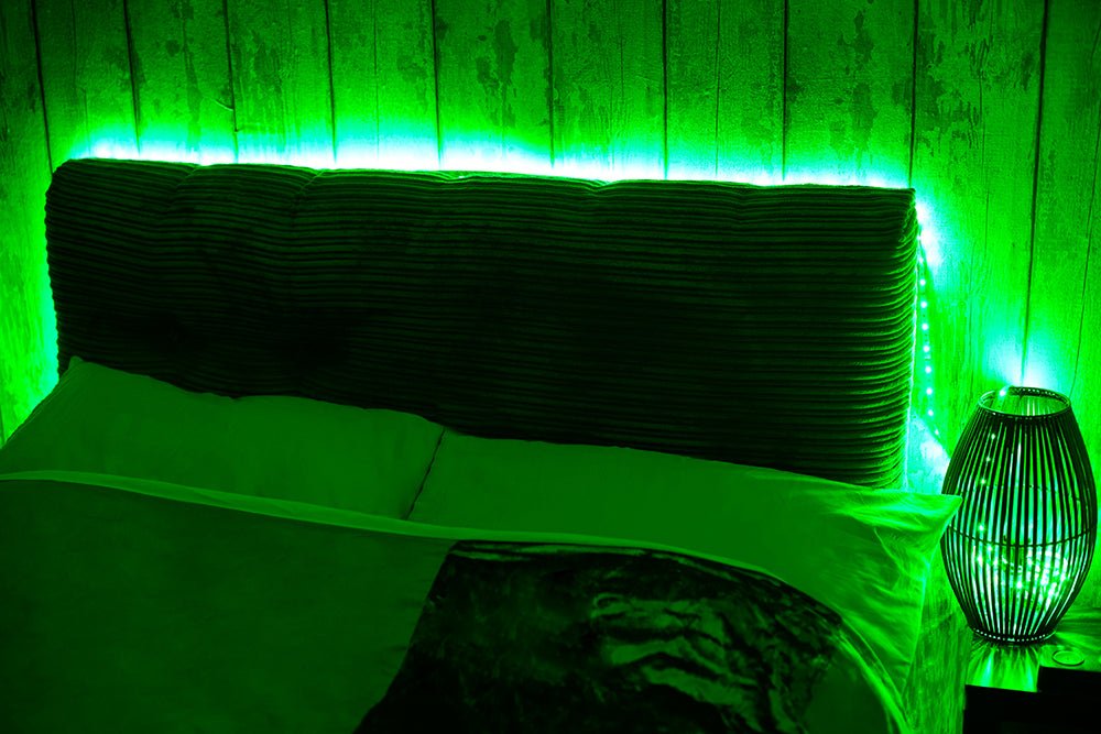 Suggested use around bed of  Holiday 5m Smart RGB LED Strip Light 150 LEDs SMD5050 DC12V IP20 25W 2A Adaptor Wi-Fi Alexa Google Assistant Music with Remote controler