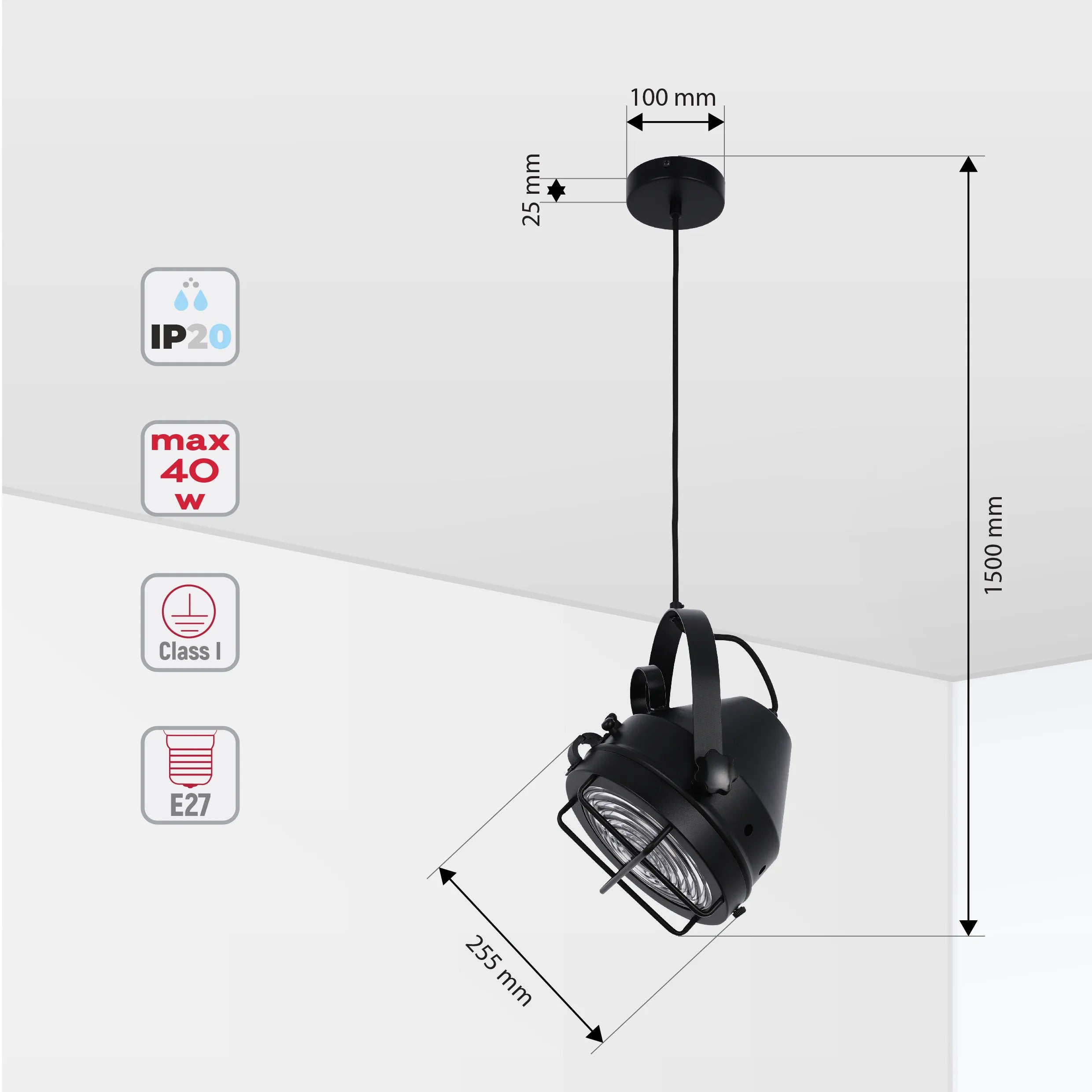 Black Adjustable Spotlight Pendant Light with Grill E27