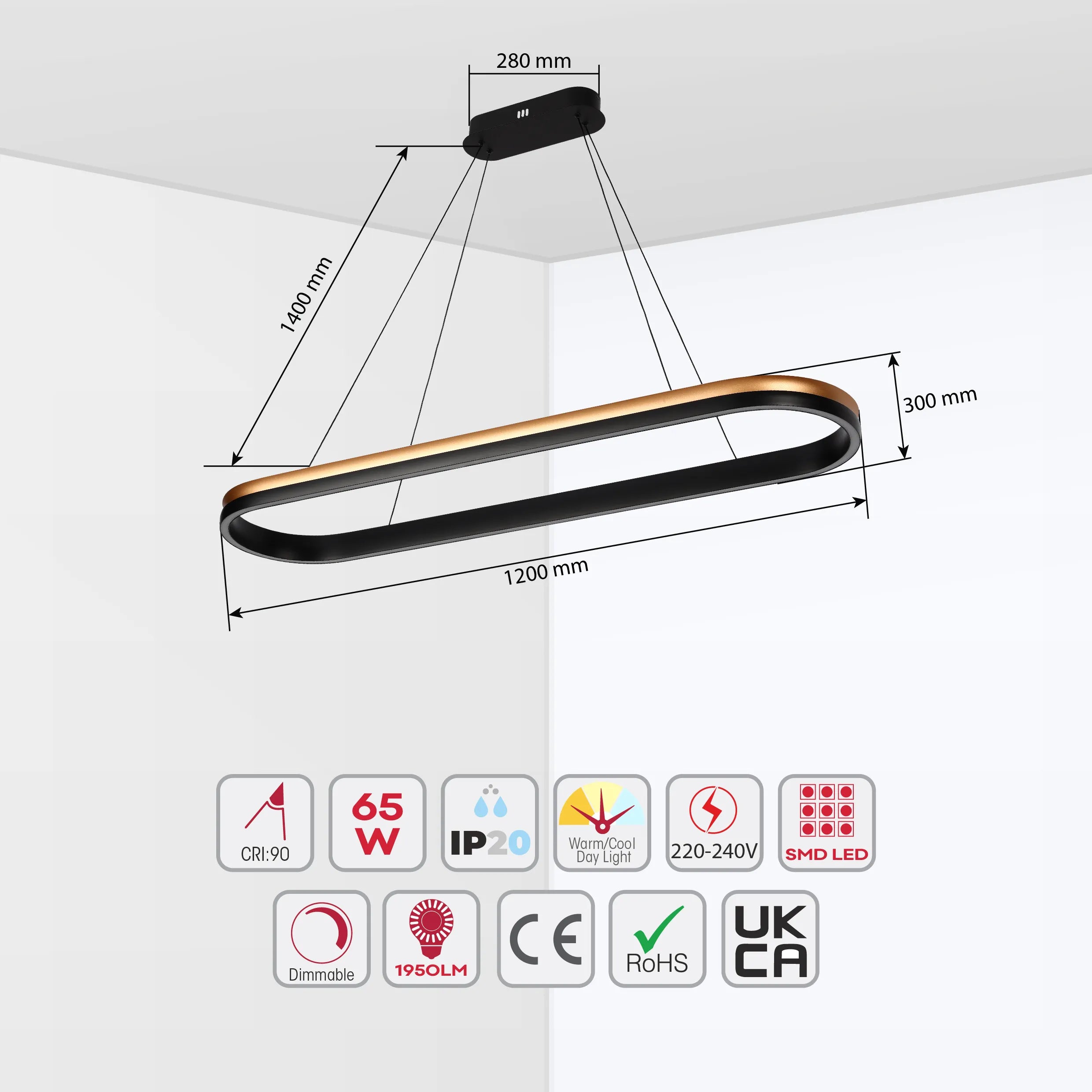 Black and Gold Modern LED Pendant Light - Single, Double, Triple Tier and Oblong