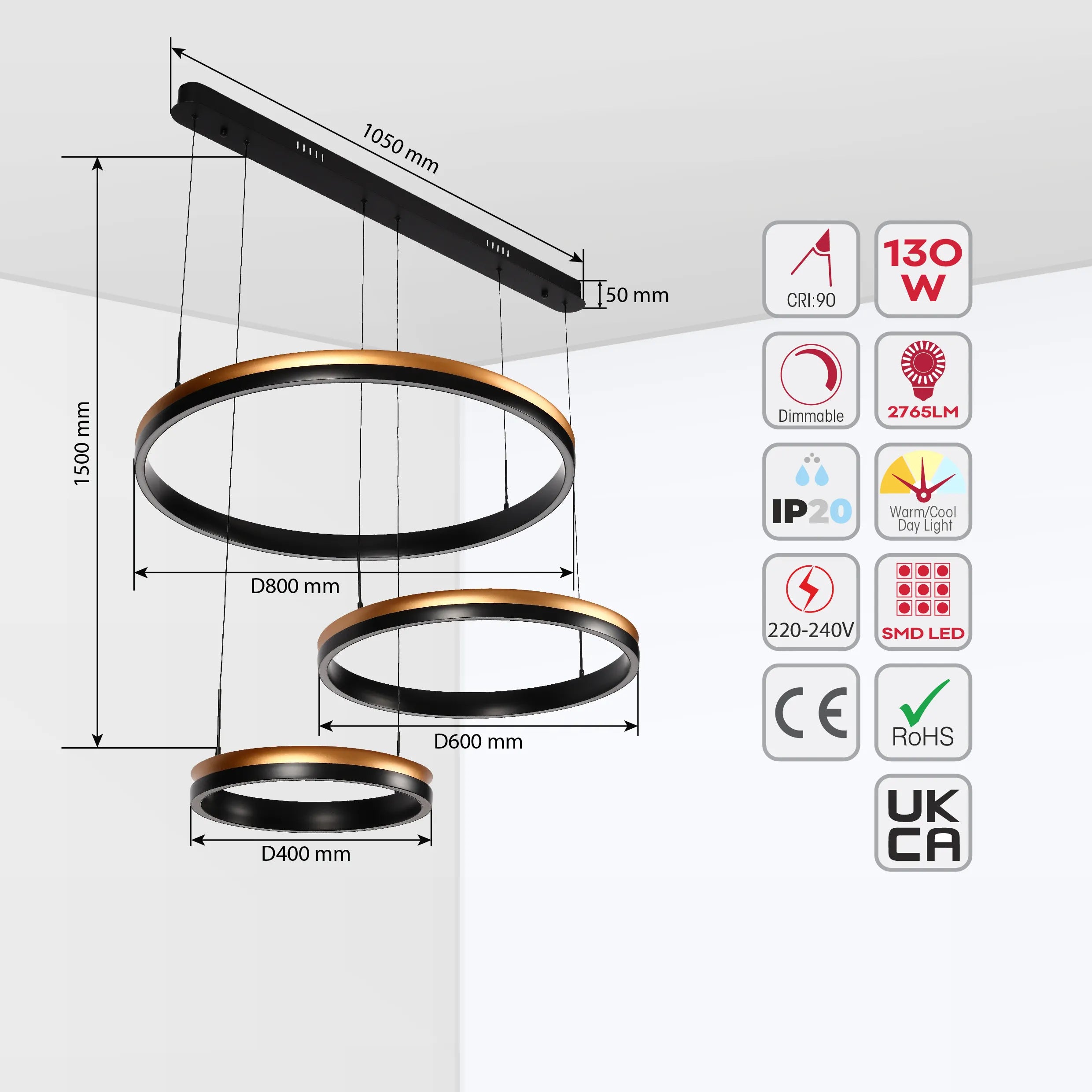 Black and Gold Modern LED Pendant Light - Single, Double, Triple Tier and Oblong