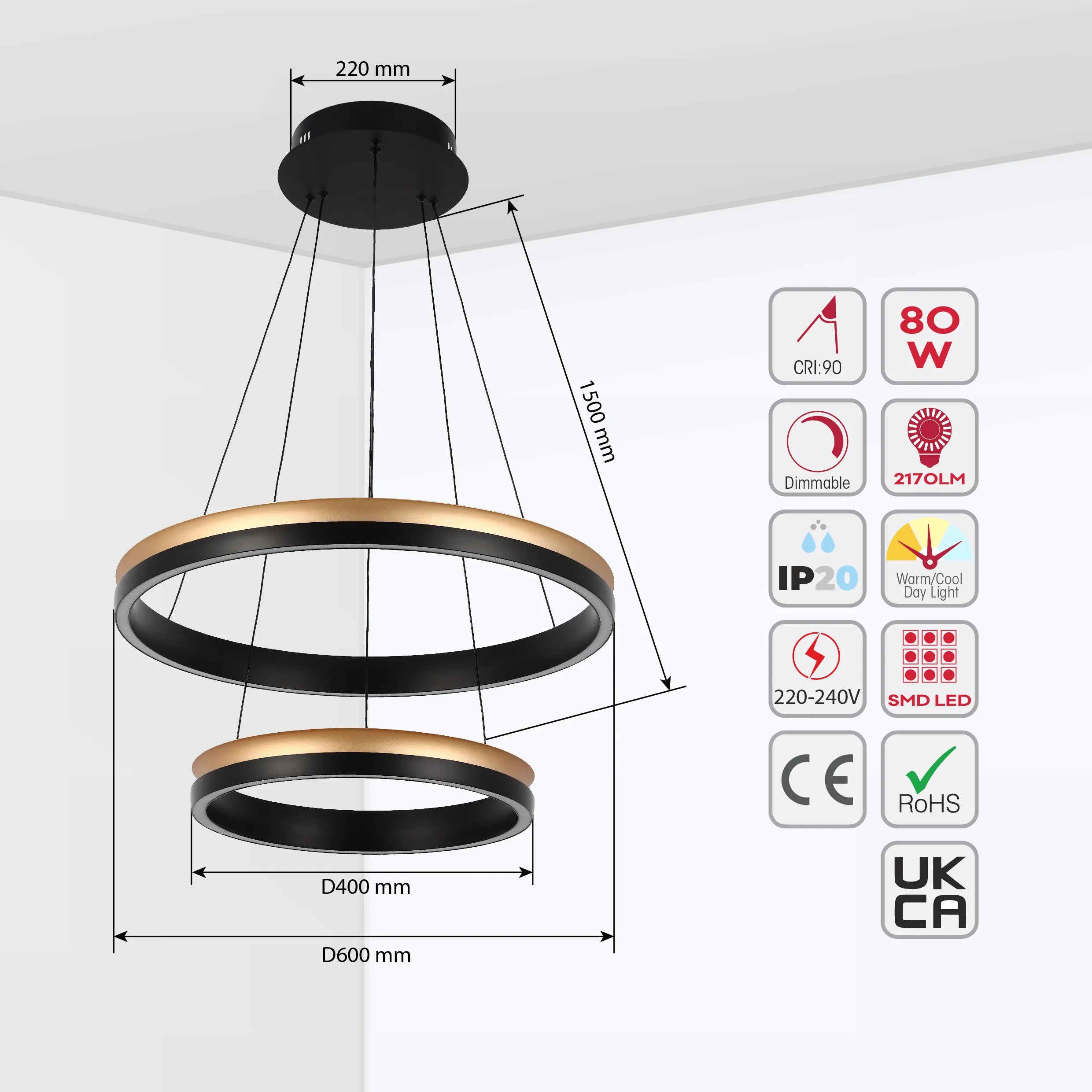 Black and Gold Modern LED Pendant Light - Single, Double, Triple Tier and Oblong