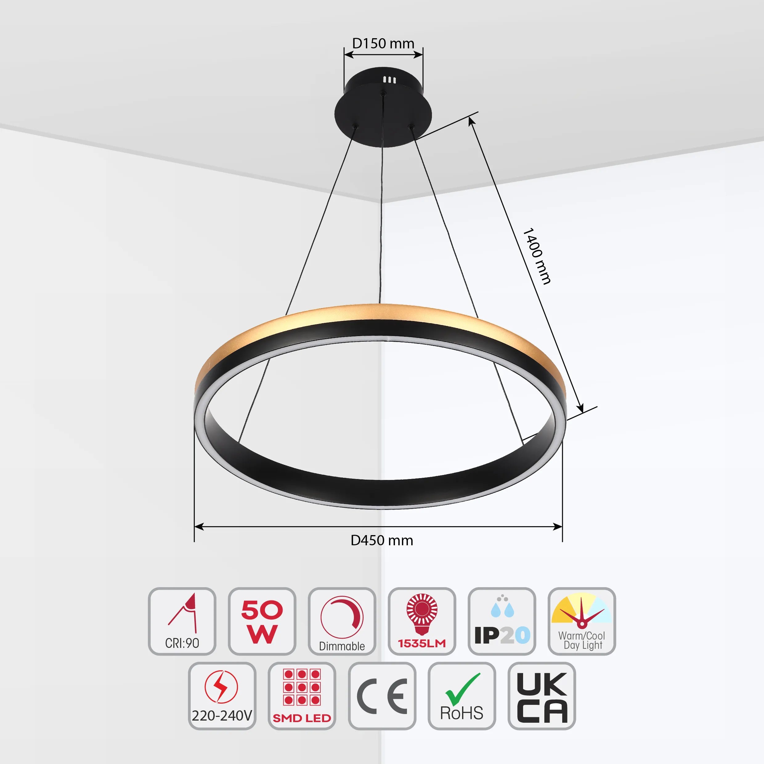 Black and Gold Modern LED Pendant Light - Single, Double, Triple Tier and Oblong