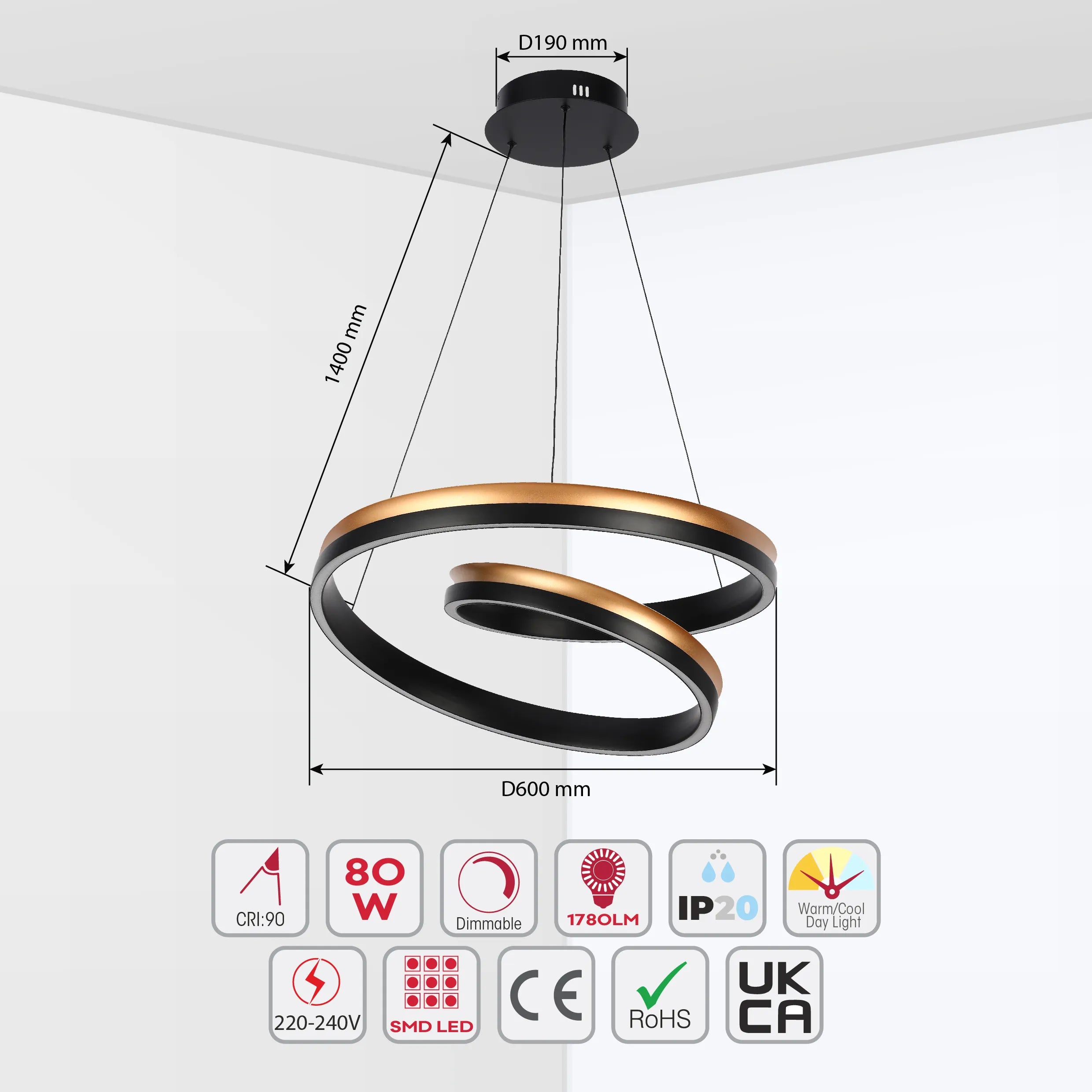 Black and Gold Modern LED Pendant Light - Single, Double, Triple Tier and Oblong