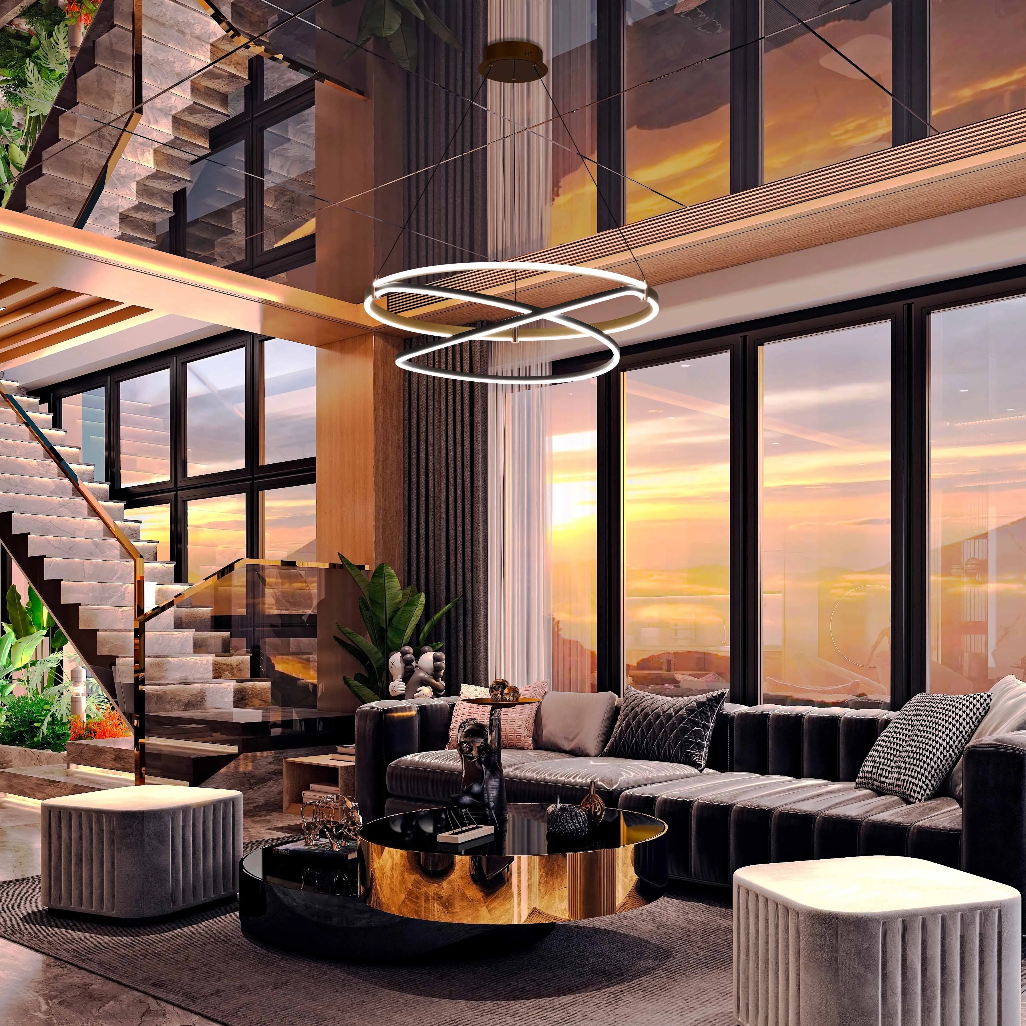 Black & Gold Loop Tiered Modern LED Pendant Light