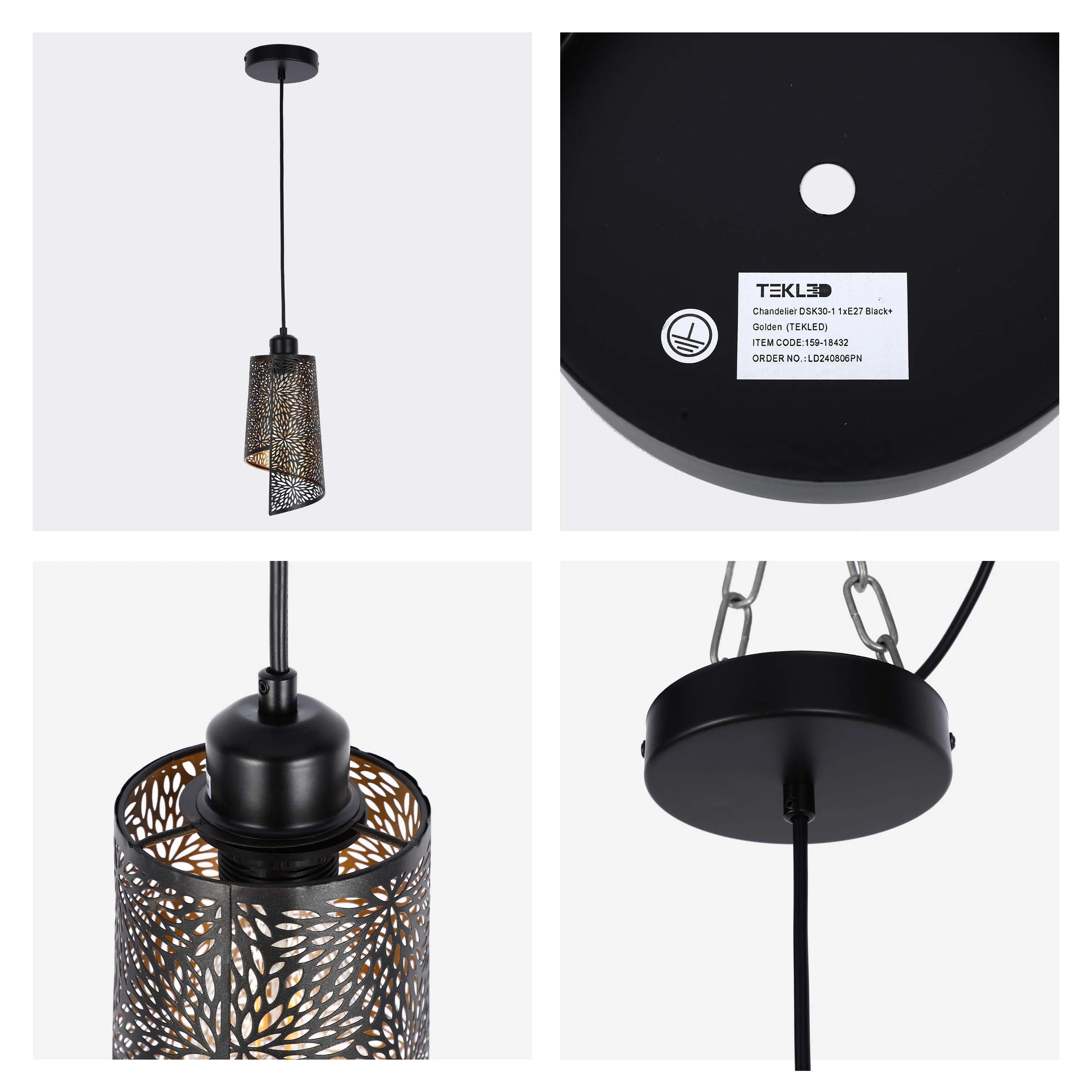 Black & Gold Spiral Cut-Out Metal Pendant Light E27