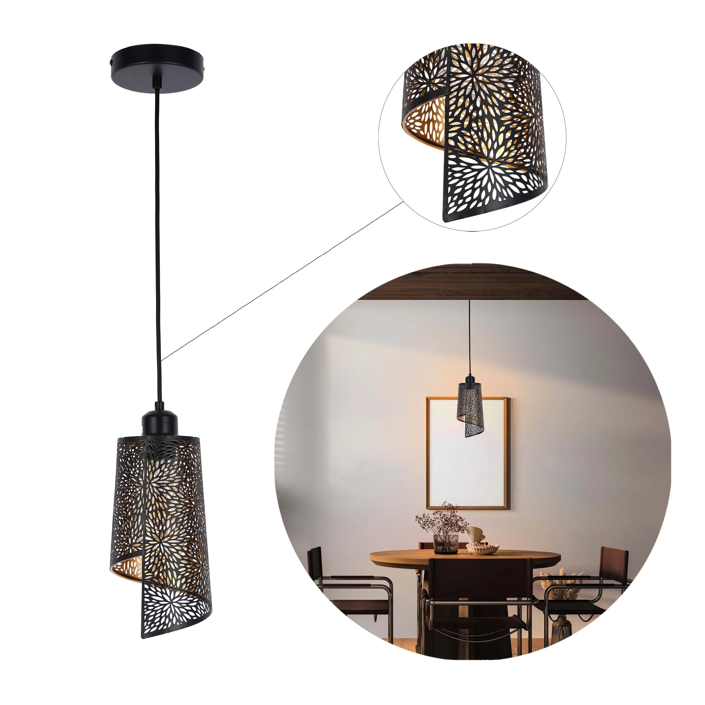Black & Gold Spiral Cut-Out Metal Pendant Light E27