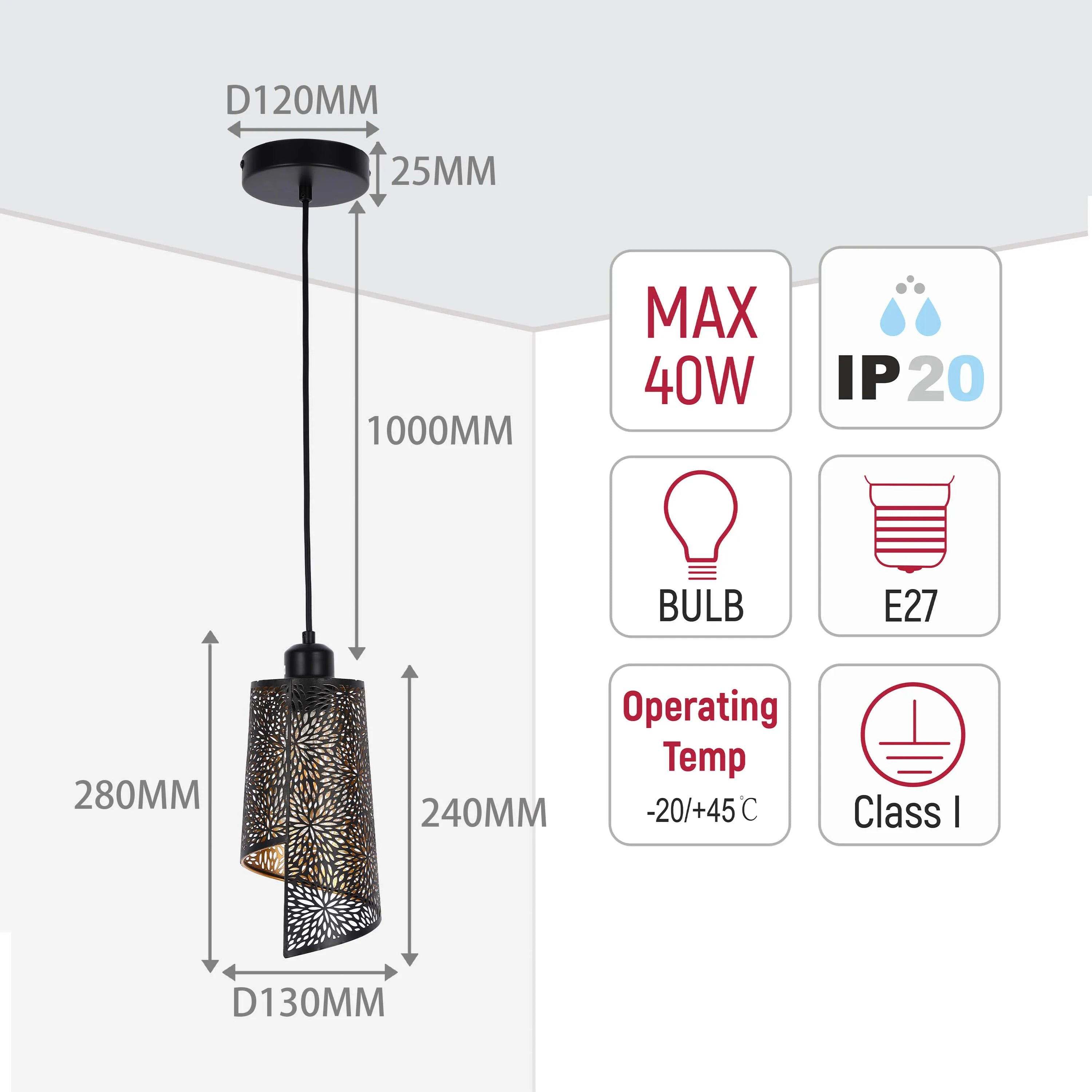 Black & Gold Spiral Cut-Out Metal Pendant Light E27