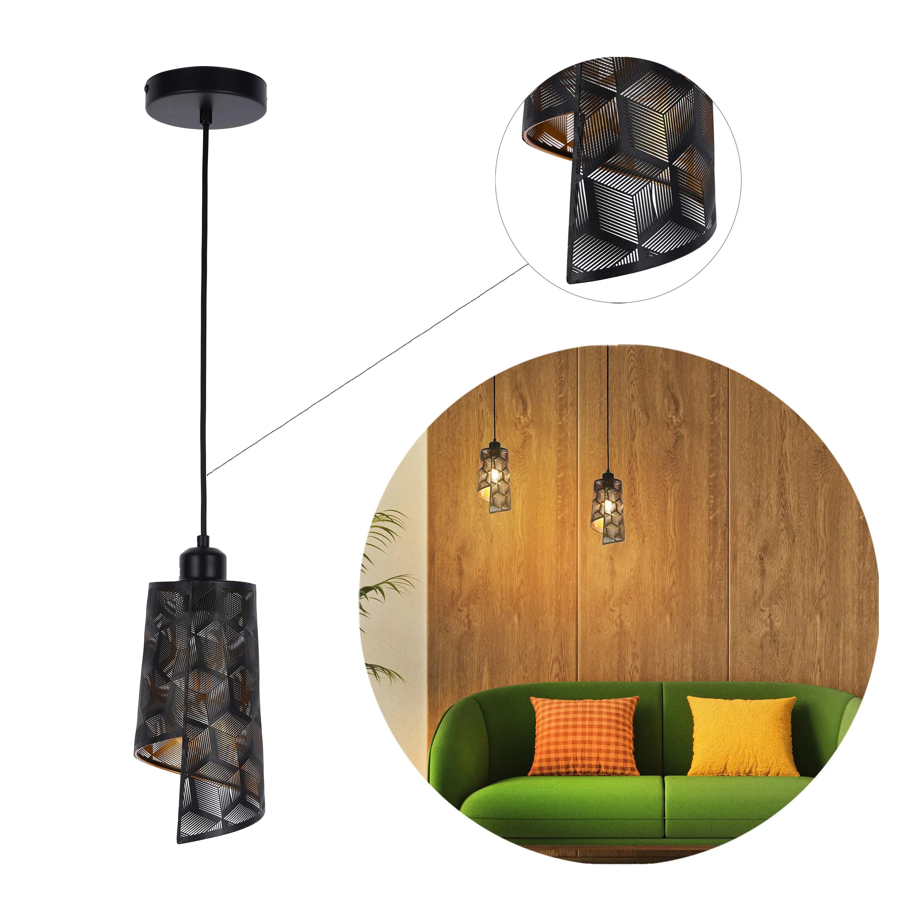 Black & Gold Spiral Cut-Out Metal Pendant Light E27