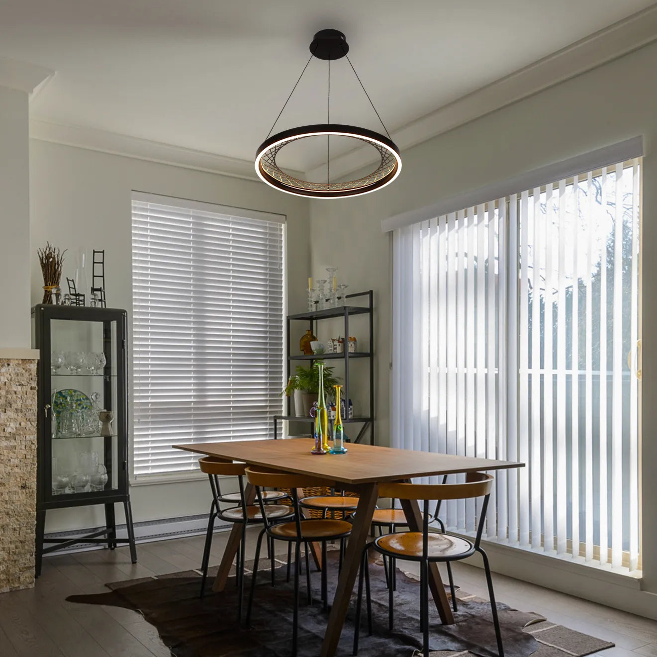 Black Lattice Circular Pendant Light - Single & Double Ring Options