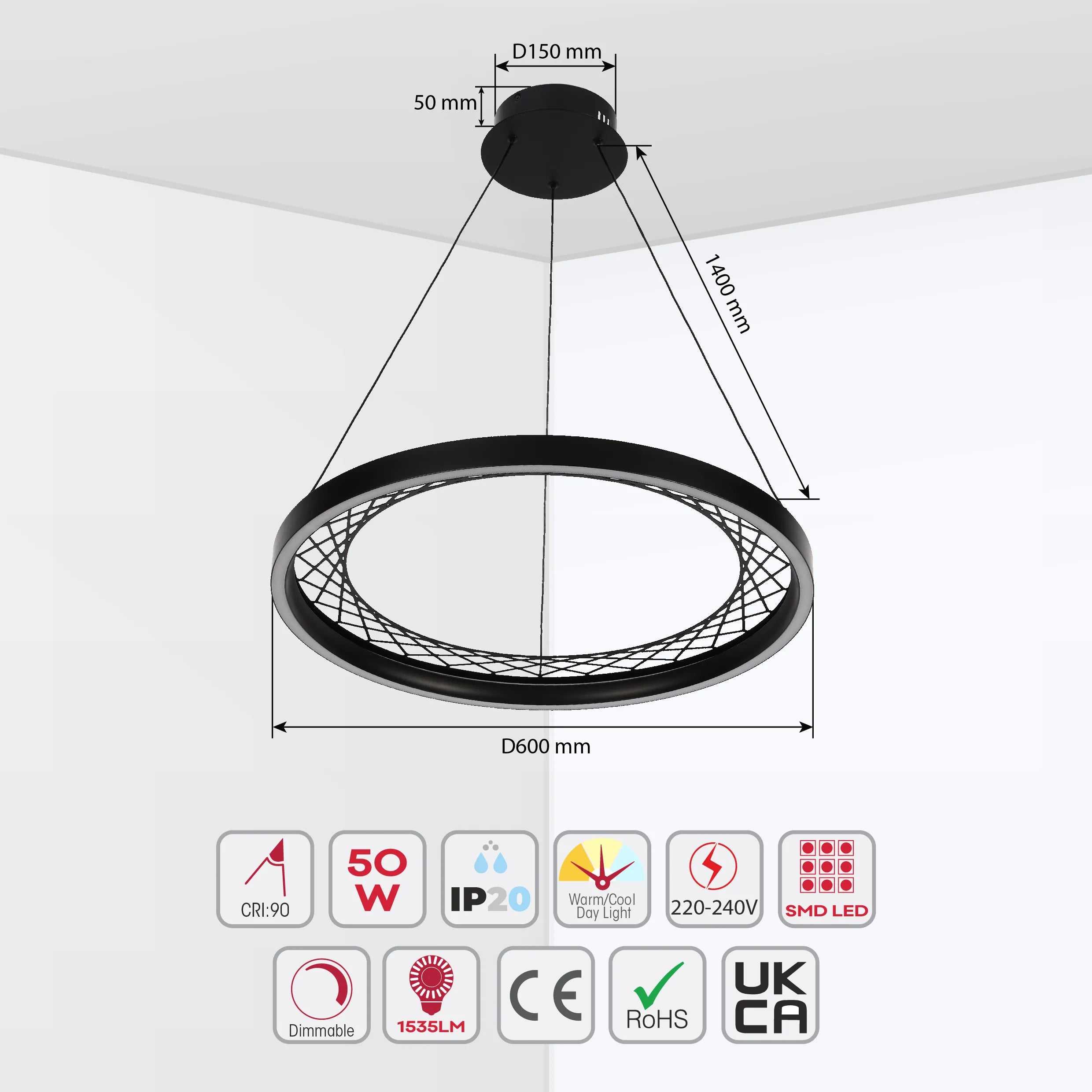 Black Lattice Circular Pendant Light - Single & Double Ring Options