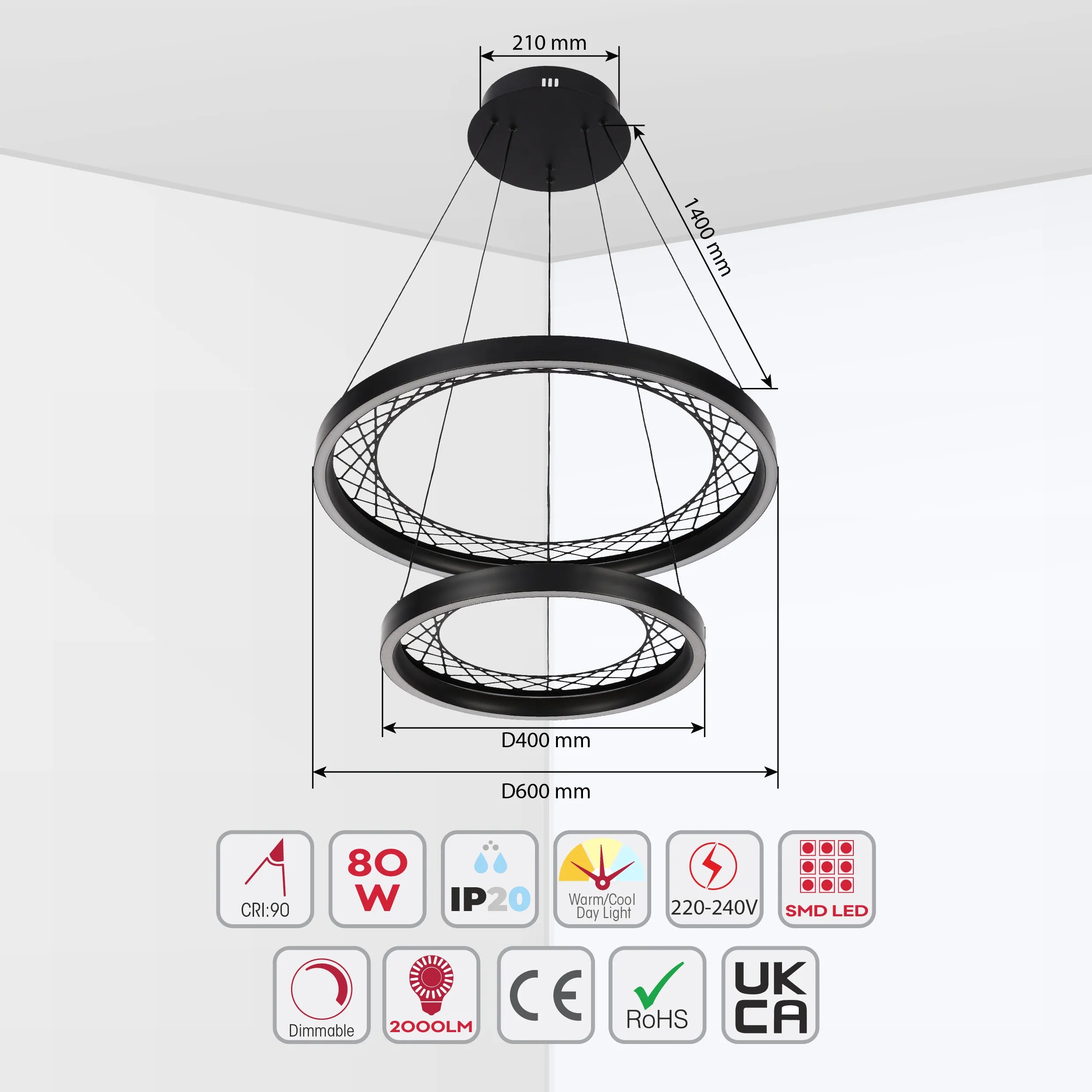 Black Lattice Circular Pendant Light - Single & Double Ring Options