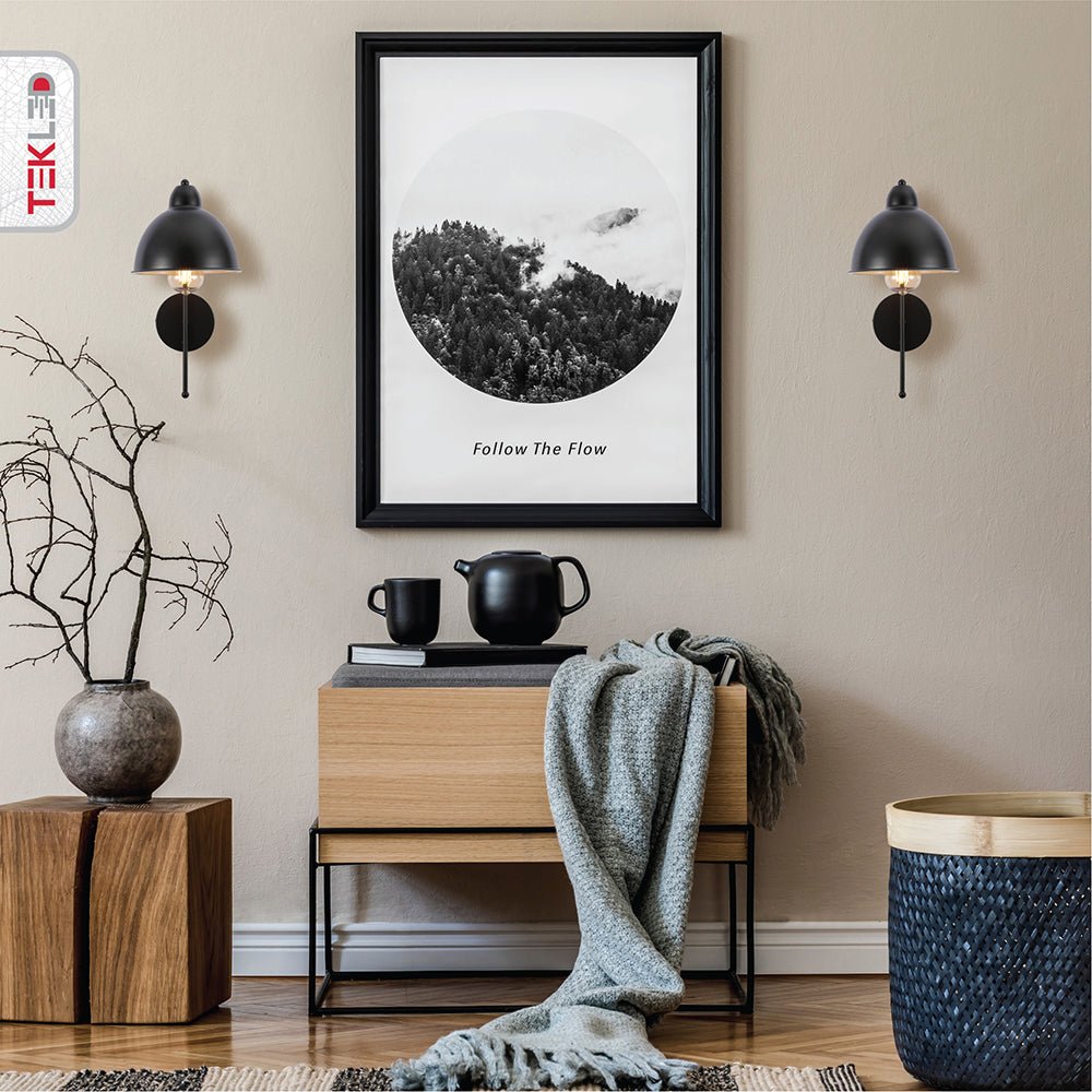 Indoor setting of Black Metal Dome Wall Light with E27 Fitting