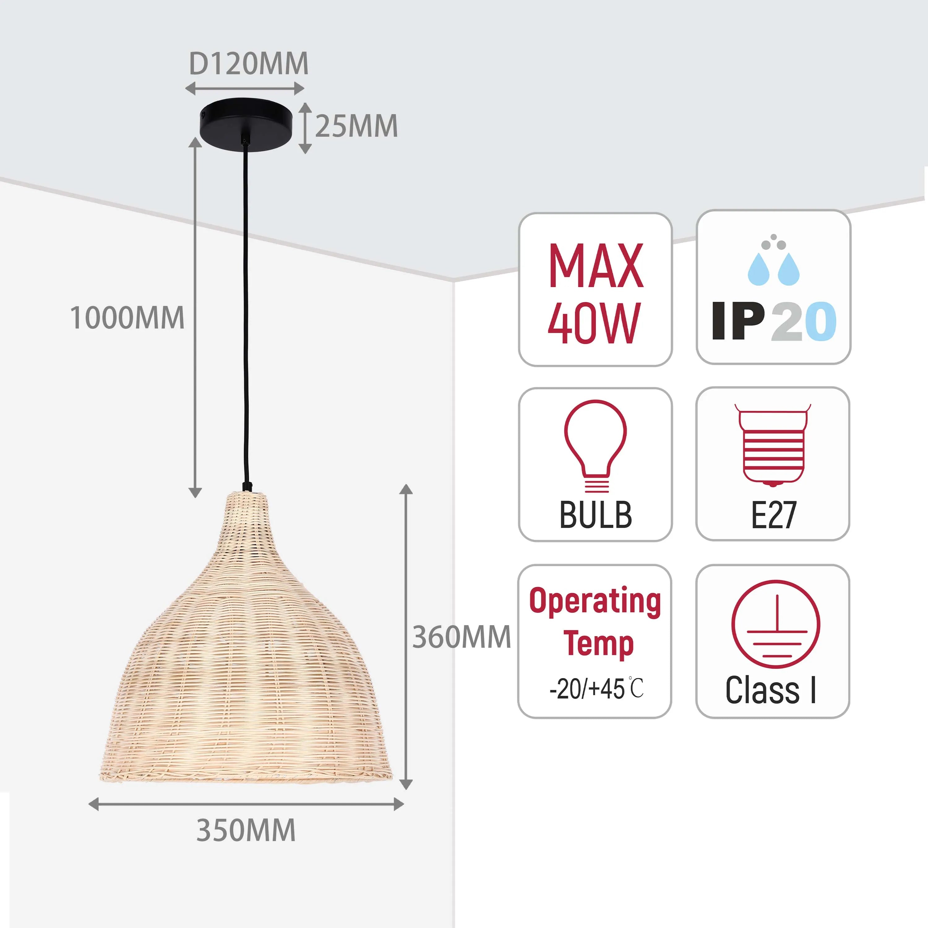 Black & Natural Woven Bamboo Pendant Light E27