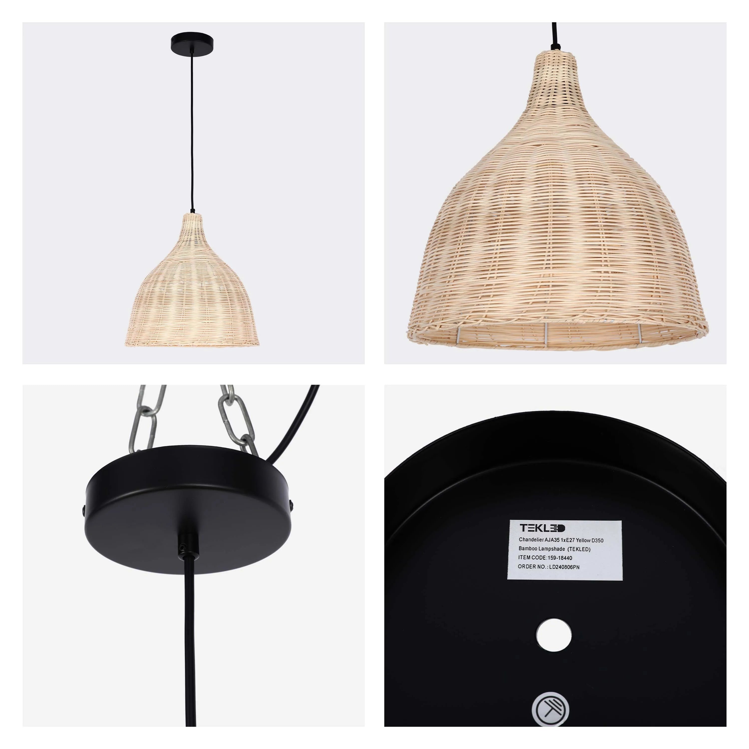 Black & Natural Woven Bamboo Pendant Light E27