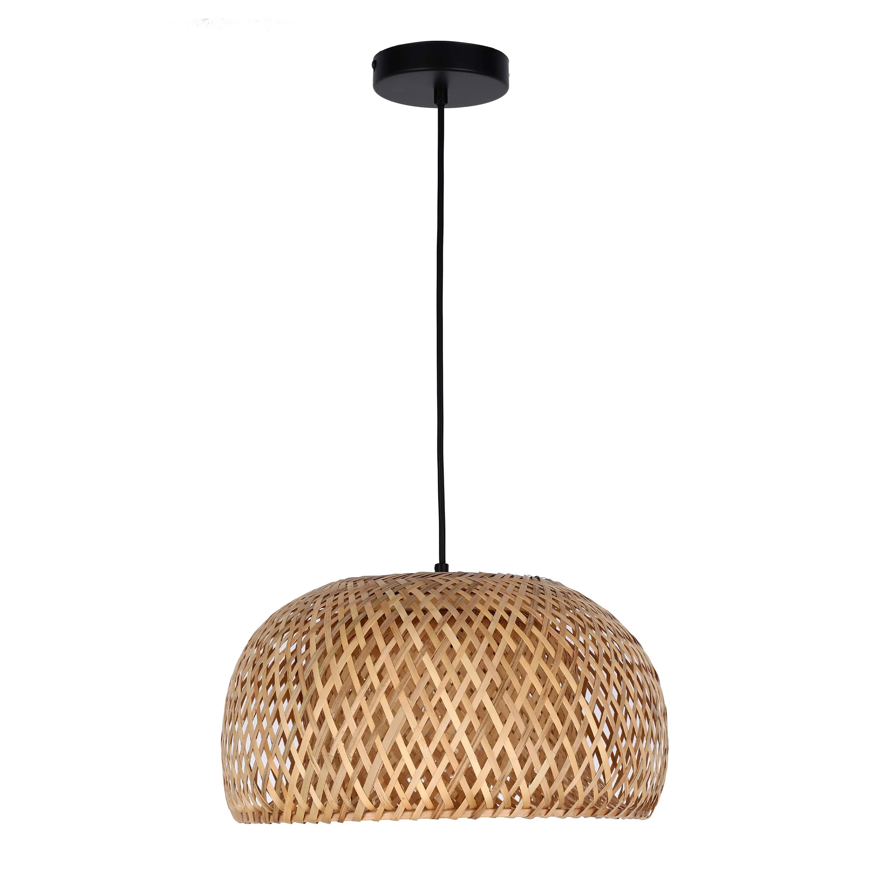 Black and Natural Woven Bamboo Dome Pendant Light - E27, Adjustable Suspension