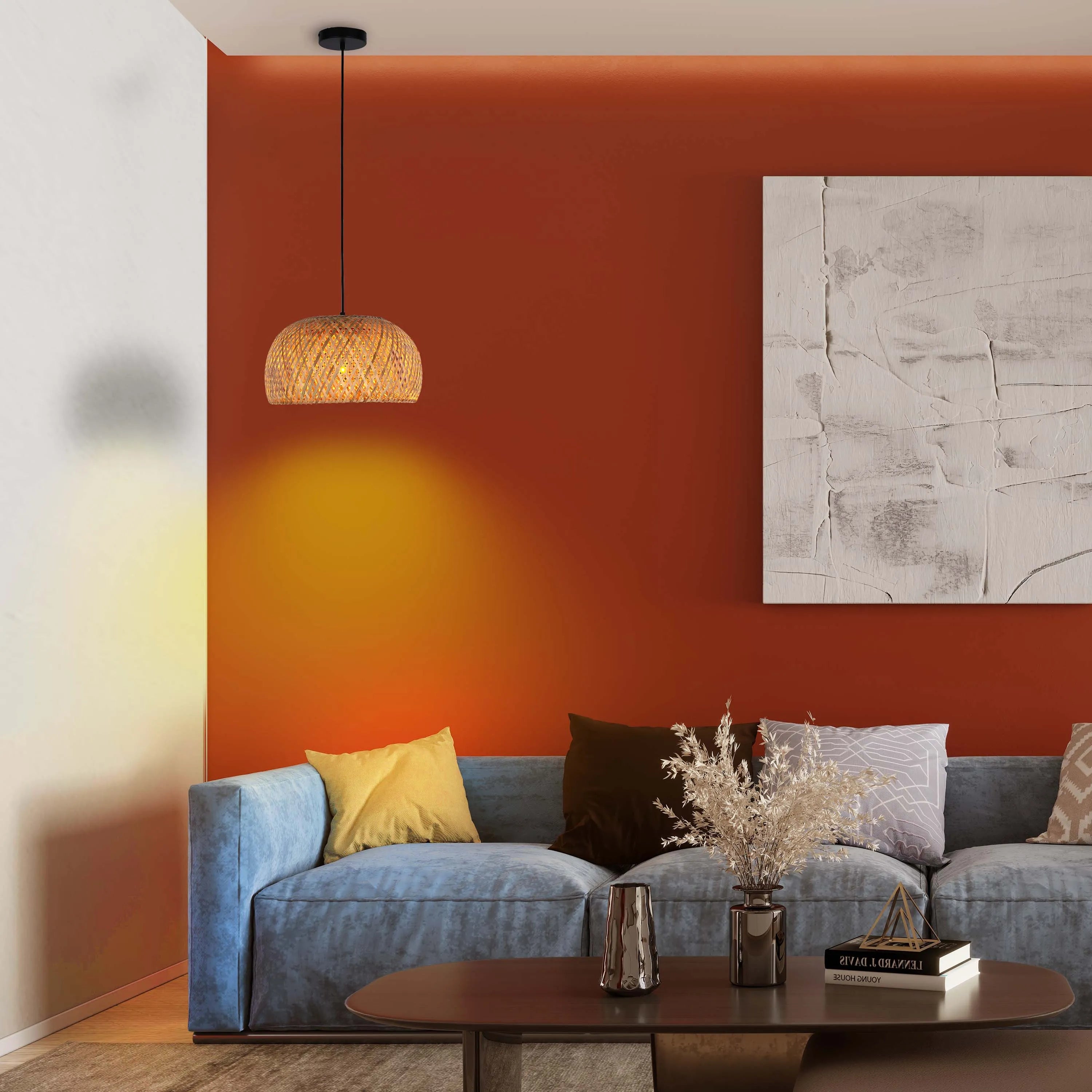 Black and Natural Woven Bamboo Dome Pendant Light - E27, Adjustable Suspension