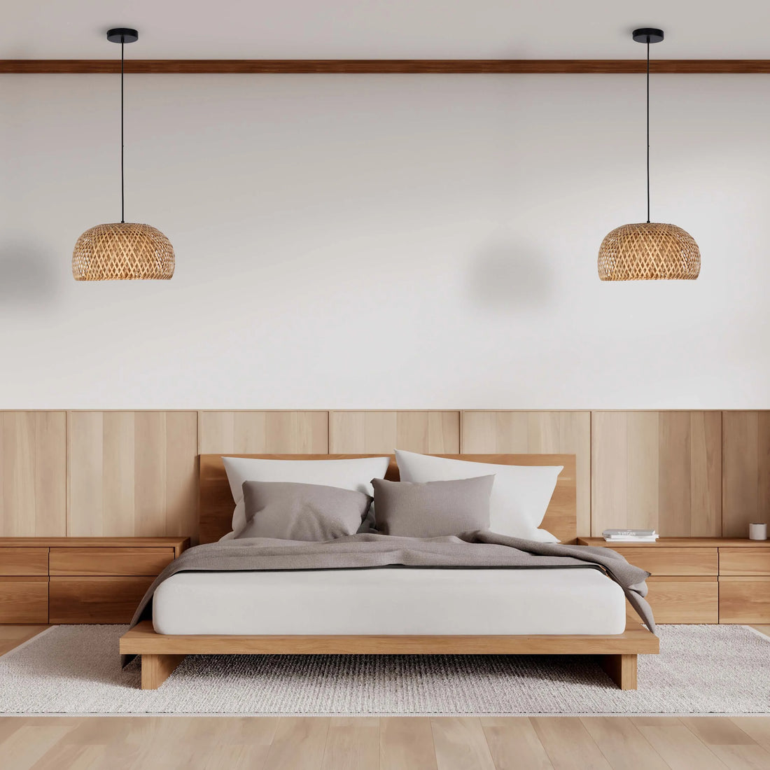 Black and Natural Woven Bamboo Dome Pendant Light - E27, Adjustable Suspension