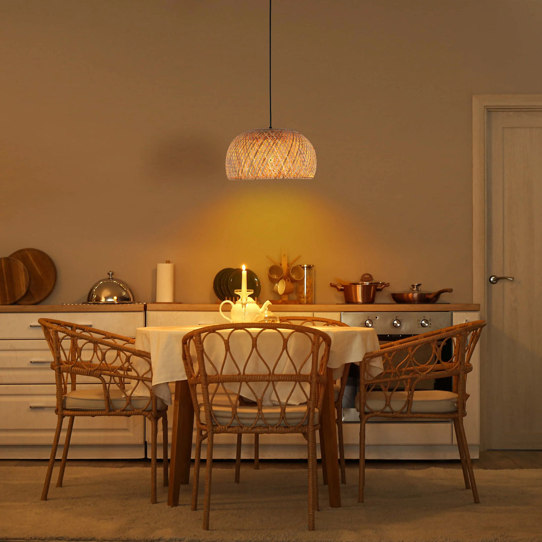 Black and Natural Woven Bamboo Dome Pendant Light - E27, Adjustable Suspension