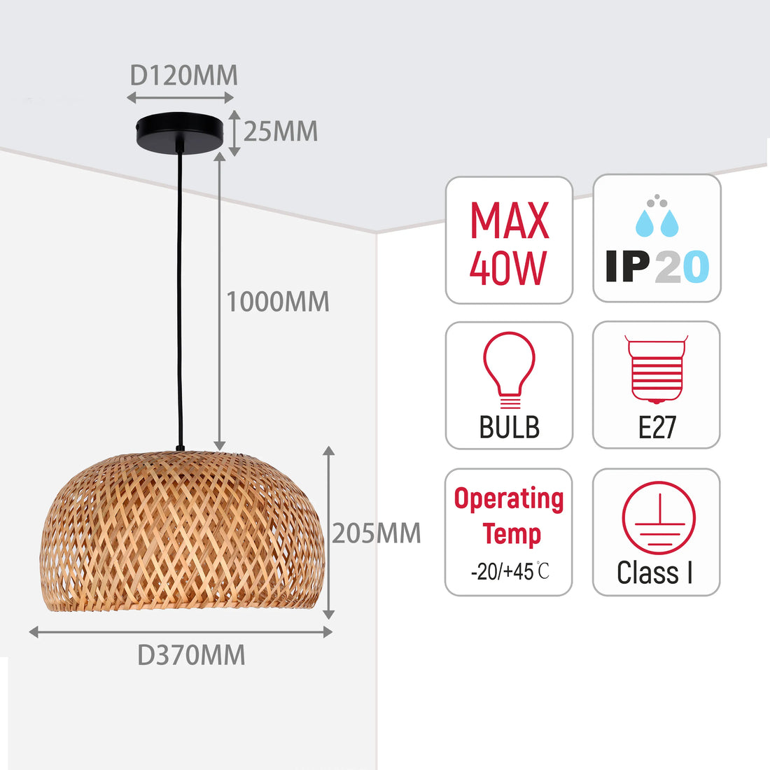 Black and Natural Woven Bamboo Dome Pendant Light - E27, Adjustable Suspension