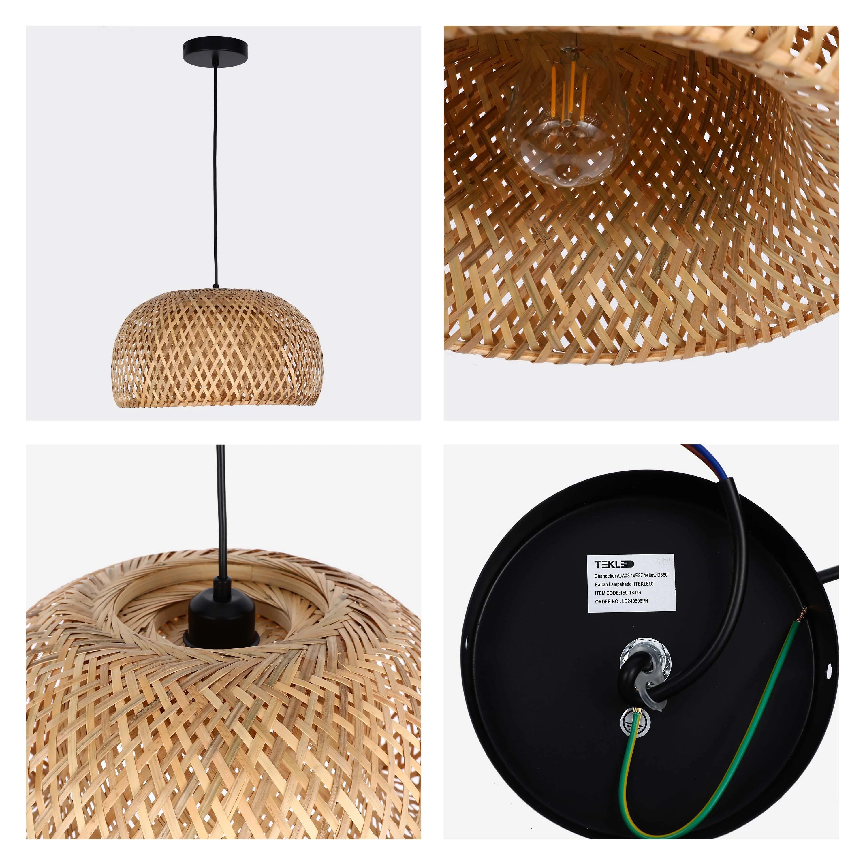 Black and Natural Woven Bamboo Dome Pendant Light - E27, Adjustable Suspension