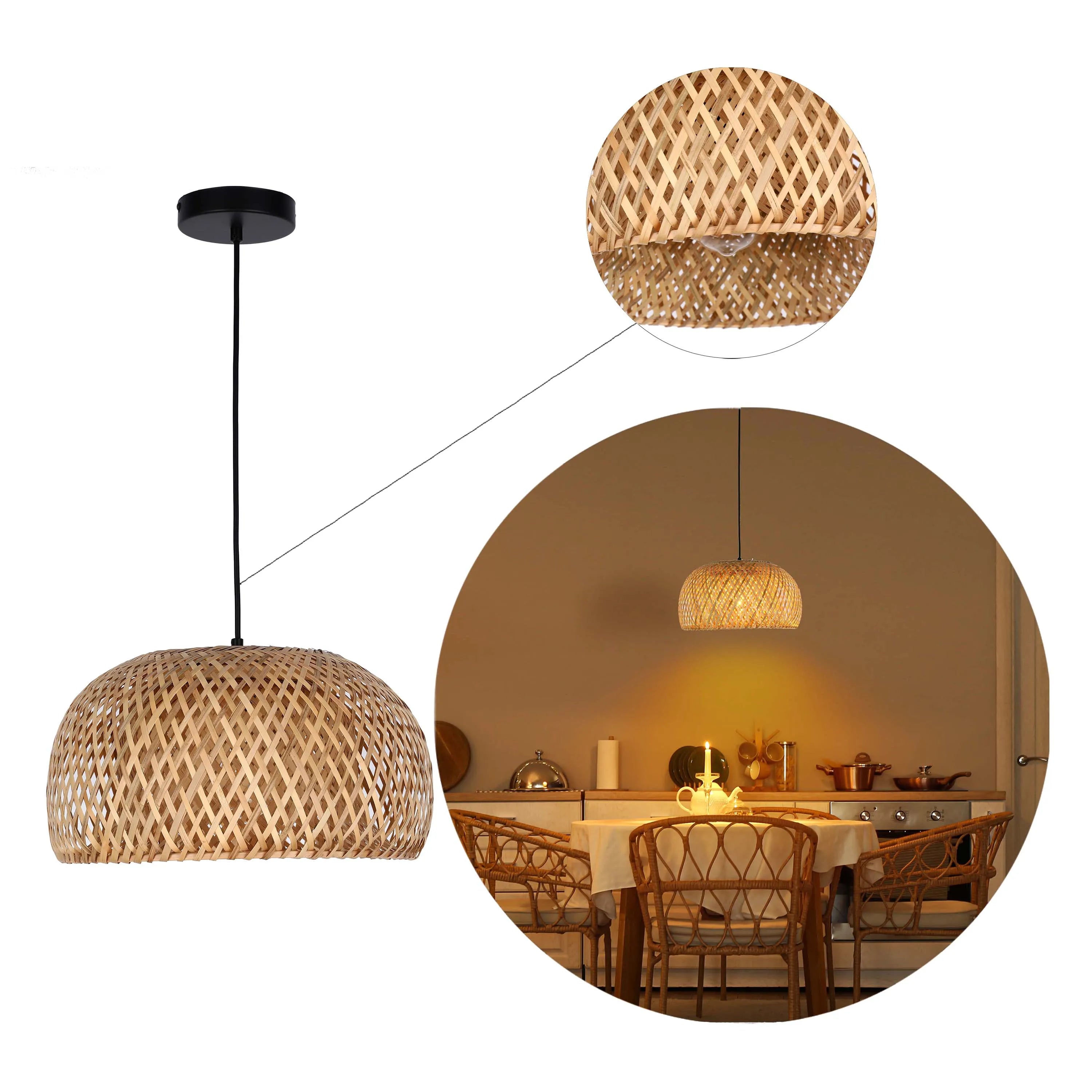 Black and Natural Woven Bamboo Dome Pendant Light - E27, Adjustable Suspension