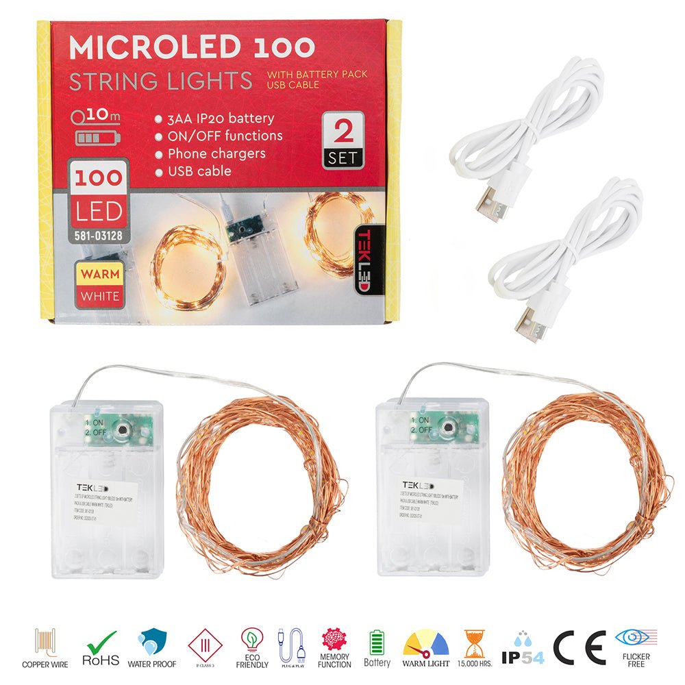 Mensa 2 Sets of Micro-LED 100 LEDs 10m with Battery Pack & USB Cable Warm WhiteÂ¬â€ LED String Fairy Light