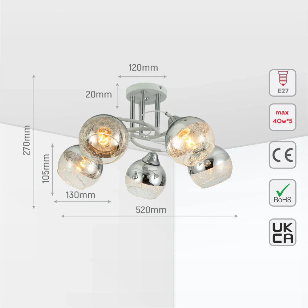 Chrome Metal Partial Mirror Cone Glass Ceiling Light E27 13