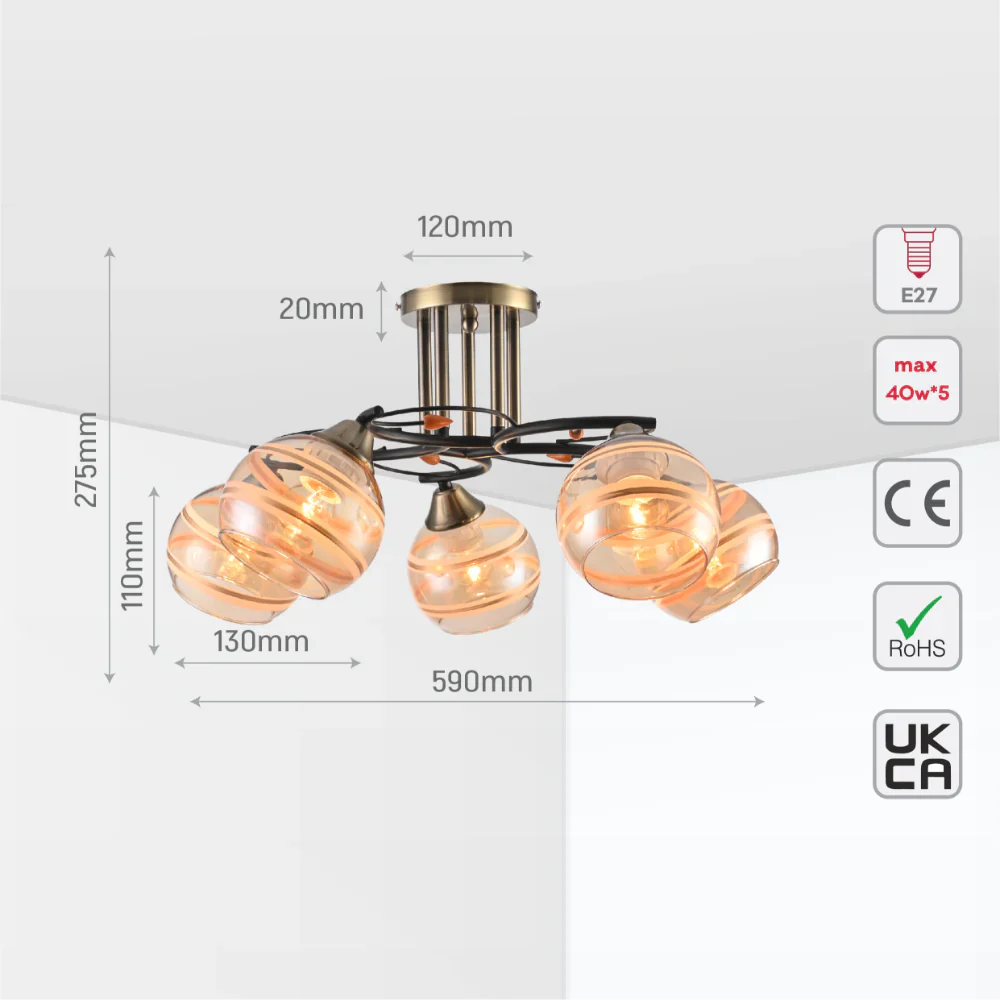 Chrome Metal Partial Mirror Cone Glass Ceiling Light E27 18