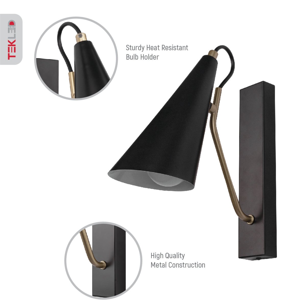 Close up shots of Black Metal Cone Wall Light with E27 Fitting | TEKLED 151-19648