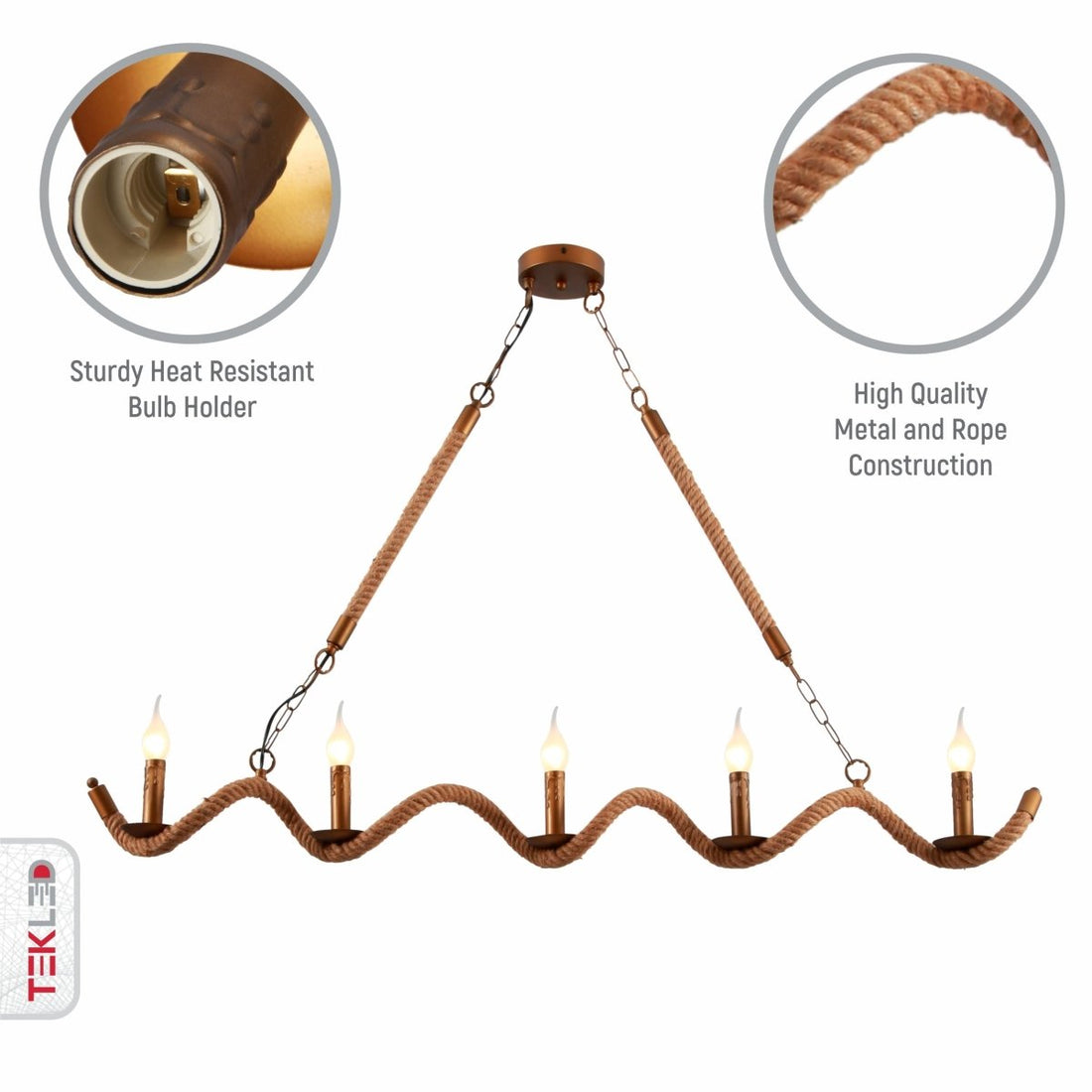 Close up shots of Hemp Rope Spiral Island Chandelier with 5xE14 Fitting | TEKLED 158-17592