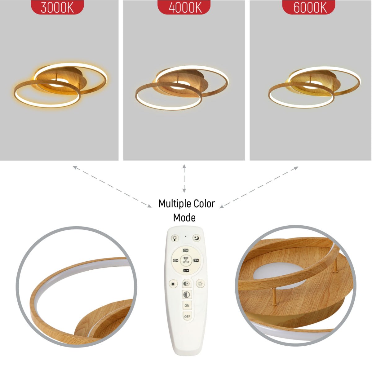 Close up shots of LED Crossing Circles Wood Finishing 34W CCT Change Dimmable Contemporary Nordic Scandinavian Flush Ceiling Light with Remote Control | TEKLED 154-17260