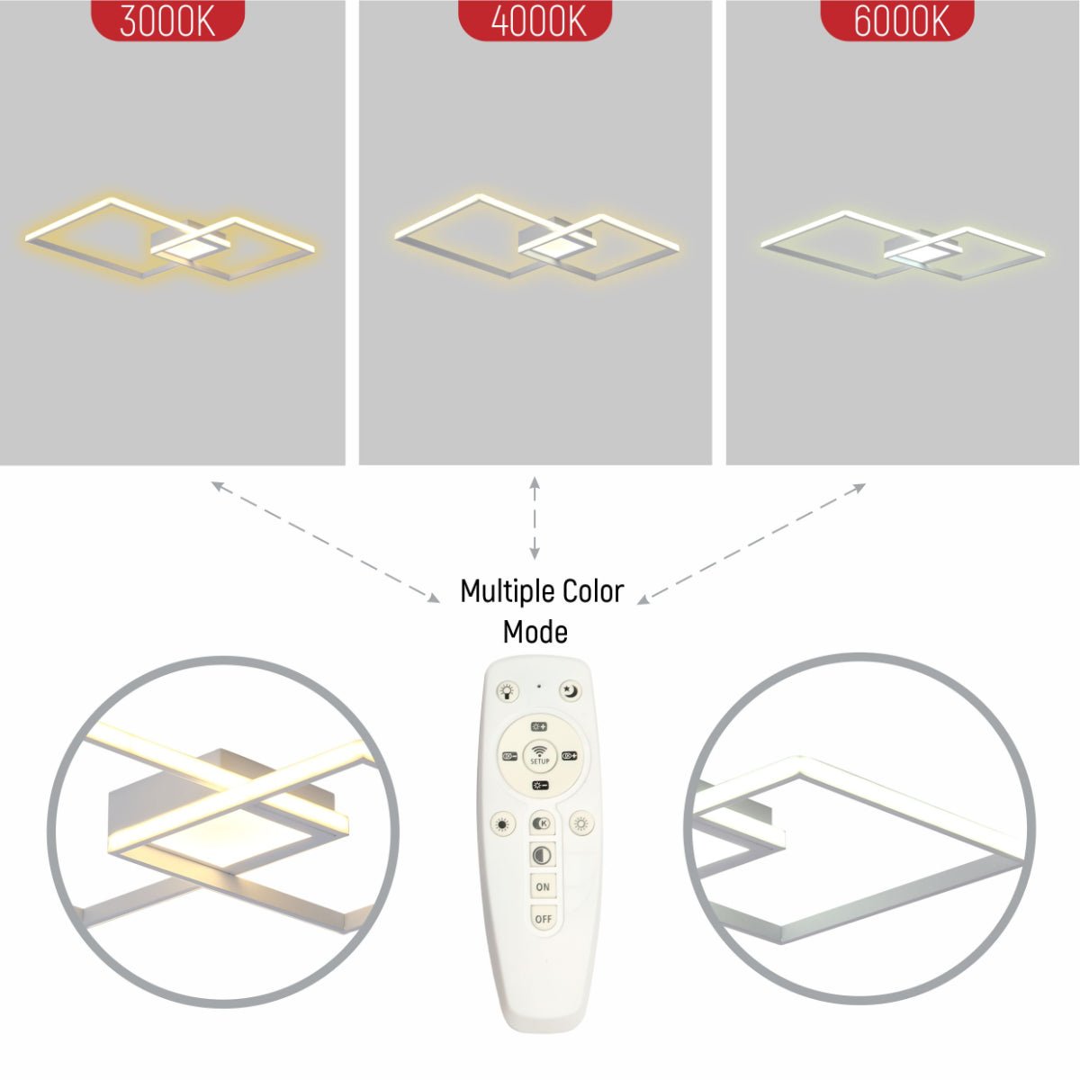 Close up shots of LED Crossing Squares White Finishing 34W CCT Change Dimmable Contemporary Nordic Scandinavian Flush Ceiling Light with Remote Control | TEKLED 154-17264