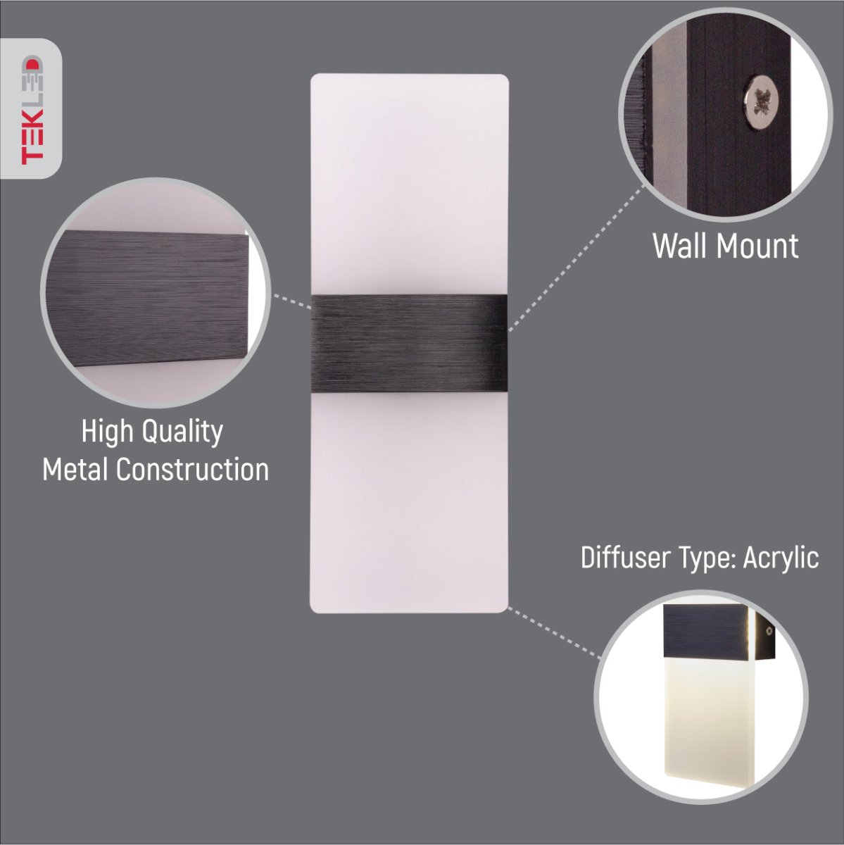 Close up shots of LED Dark Wood Metal Acrylic Wall Light 4W Cool White 4000K | TEKLED 151-19622