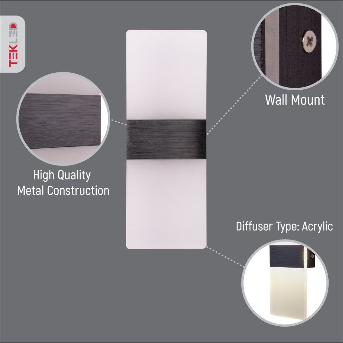 Close up shots of LED Dark Wood Metal Acrylic Wall Light 4W Cool White 4000K | TEKLED 151-19622