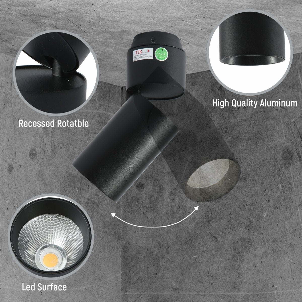 Close up shots of LED Surface-Recesssed Rotatable Downlight H-160 20W Cool White 4000K Black | TEKLED 174-03696