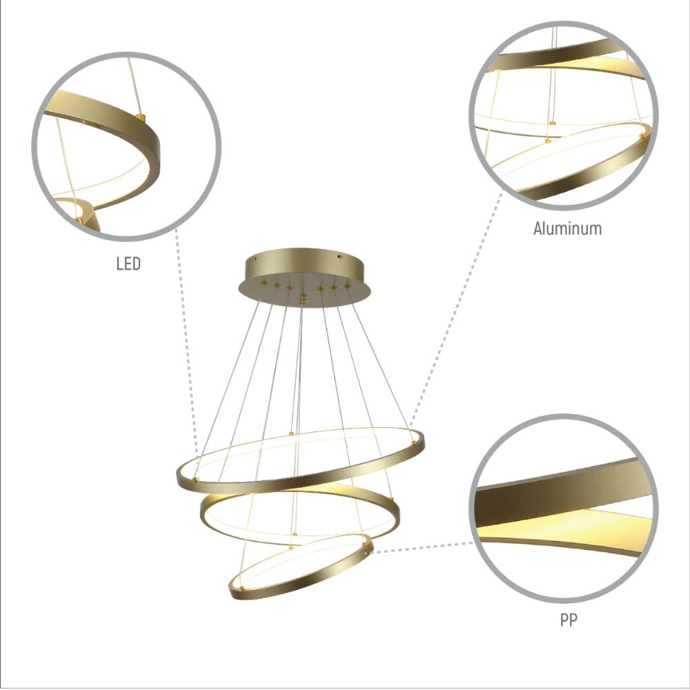 Close up shots of LED Triple Circle Gold Finishing 90W 4000K Natural Cool White Modern Contemporary Nordic Scandinavian Pendant Ceiling Light D500 | TEKLED 158-19826